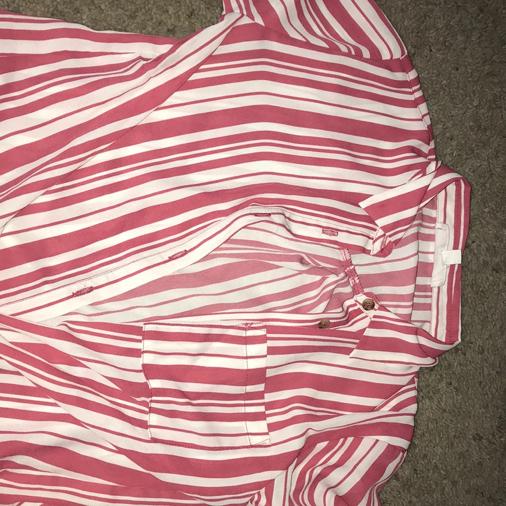 Dark pink and white striped button up shirt